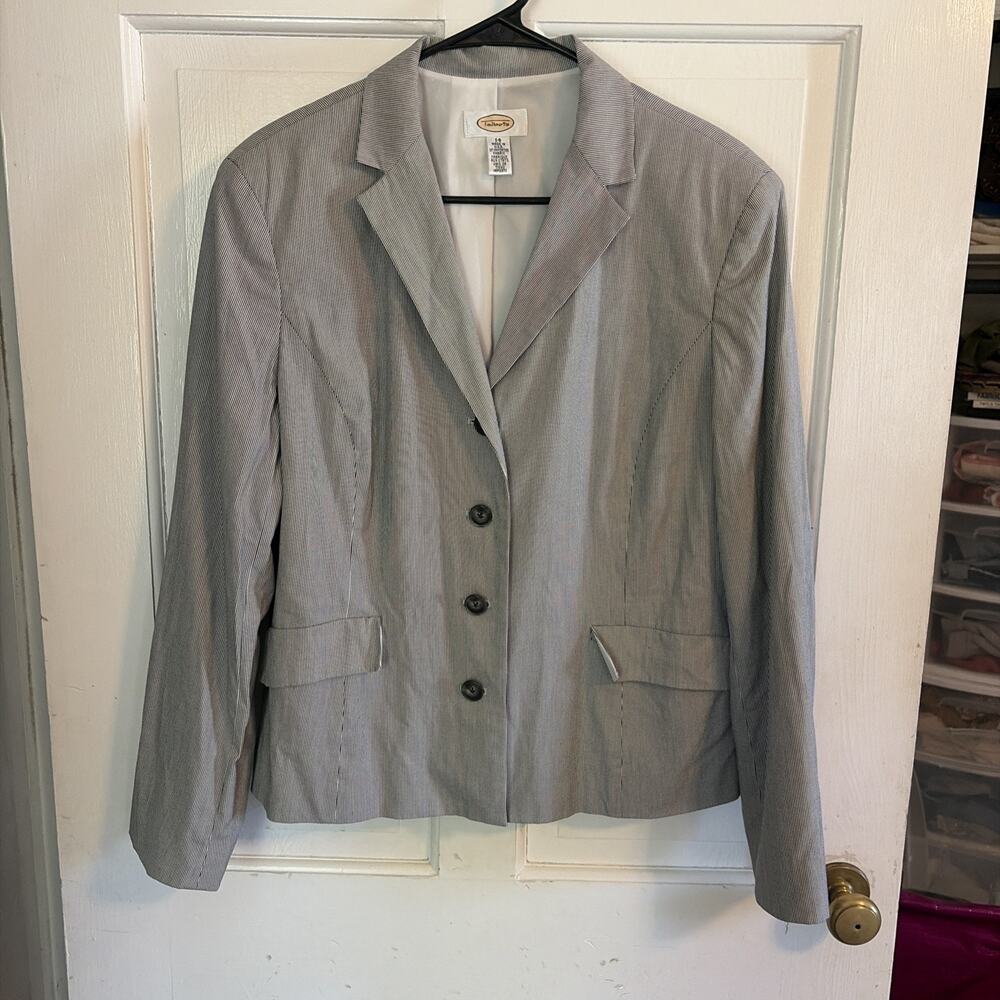 Talbots Woman's Blue White Pinstripe Blazer Jacket 14 Cotton Blend Office Preppy